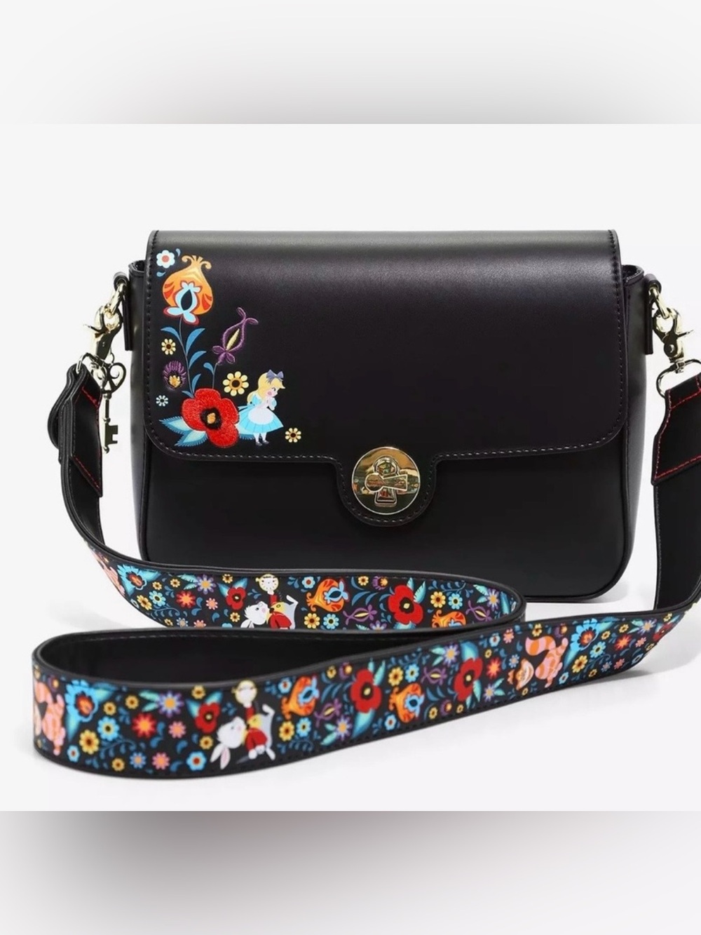 Loungefly Alice in Wonderland Black Leather Crossbody with Colorful Floral Strap